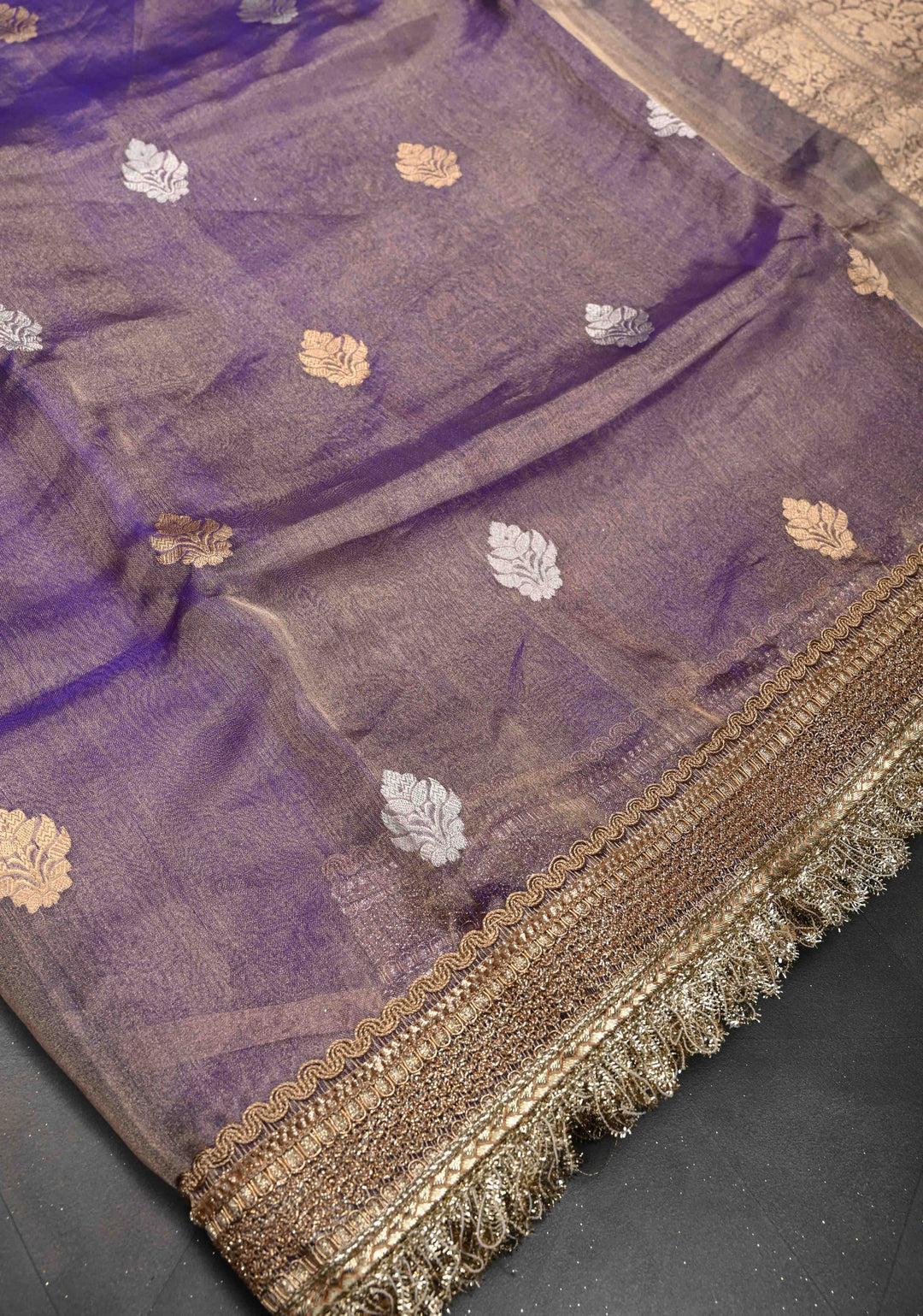 Purple Dual tone Banarasi Pure Tissue Silk Saree with Sona Rupa Zari Buttas and Fancy Lace Trim Border | SILK MARK CERTIFIED