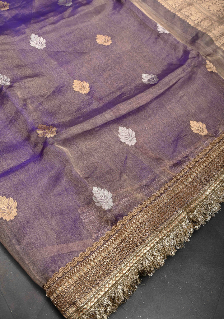 Purple Dual tone Banarasi Pure Tissue Silk Saree with Sona Rupa Zari Buttas and Fancy Lace Trim Border | SILK MARK CERTIFIED