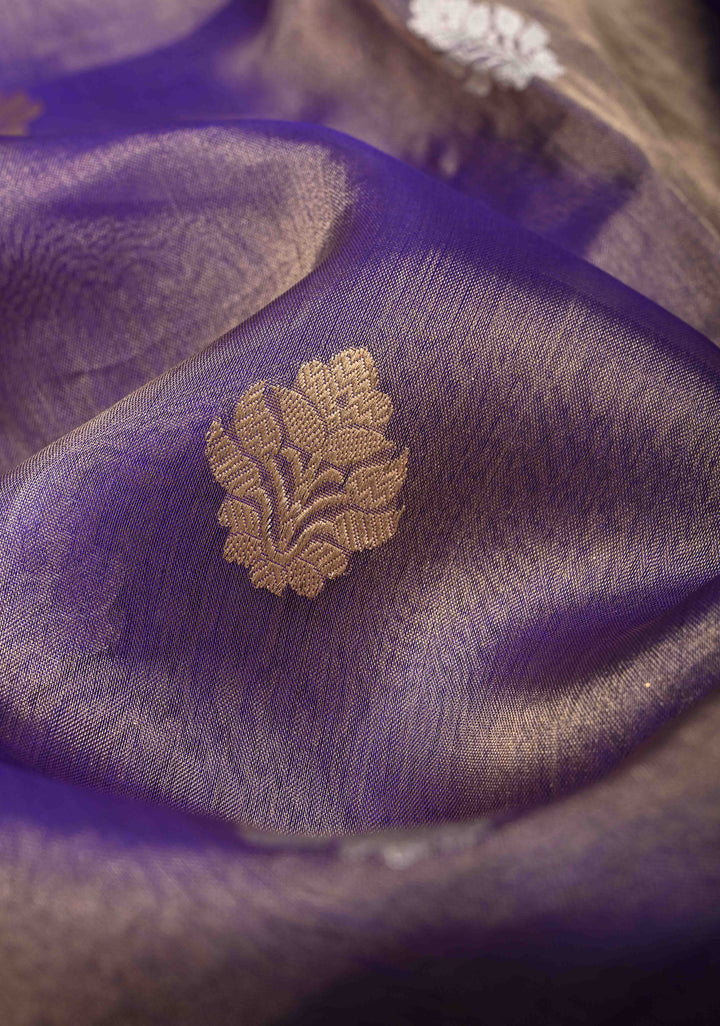 Purple Dual tone Banarasi Pure Tissue Silk Saree with Sona Rupa Zari Buttas and Fancy Lace Trim Border | SILK MARK CERTIFIED