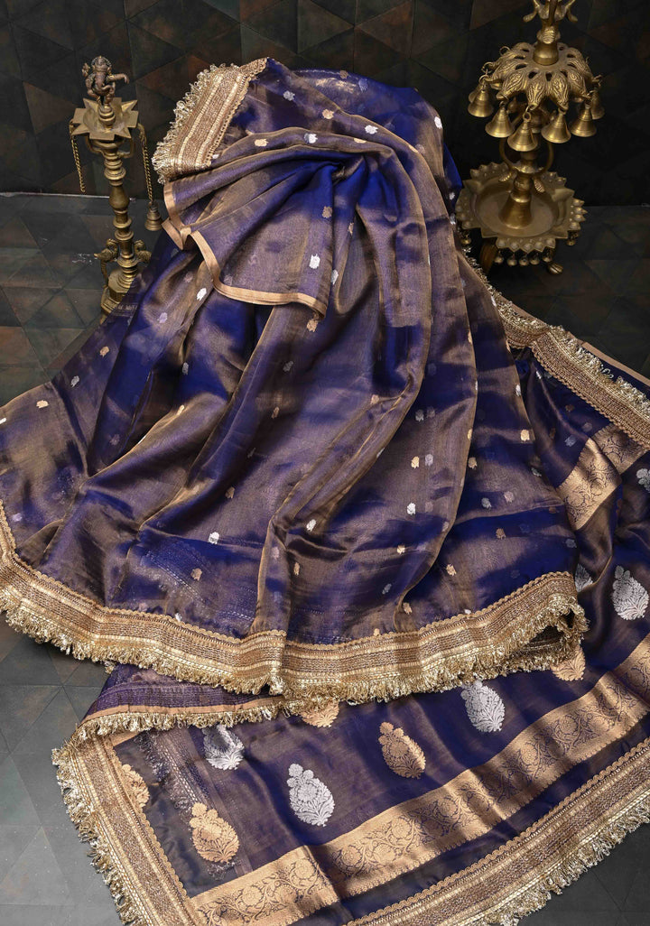 Blue Dual tone Organza Tissue Silk Saree with Sona Rupa Zari Buttas and Fancy Lace Trim Border | SILK MARK CERTIFIED