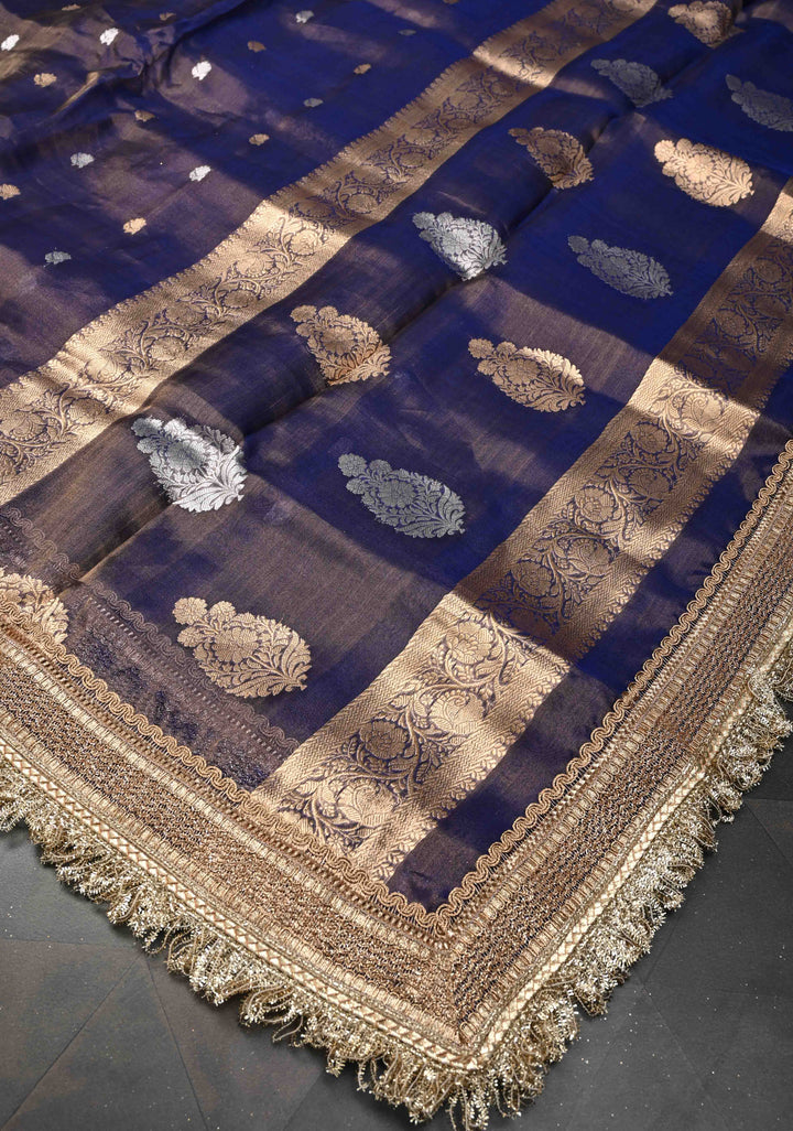 Blue Dual tone Organza Tissue Silk Saree with Sona Rupa Zari Buttas and Fancy Lace Trim Border | SILK MARK CERTIFIED
