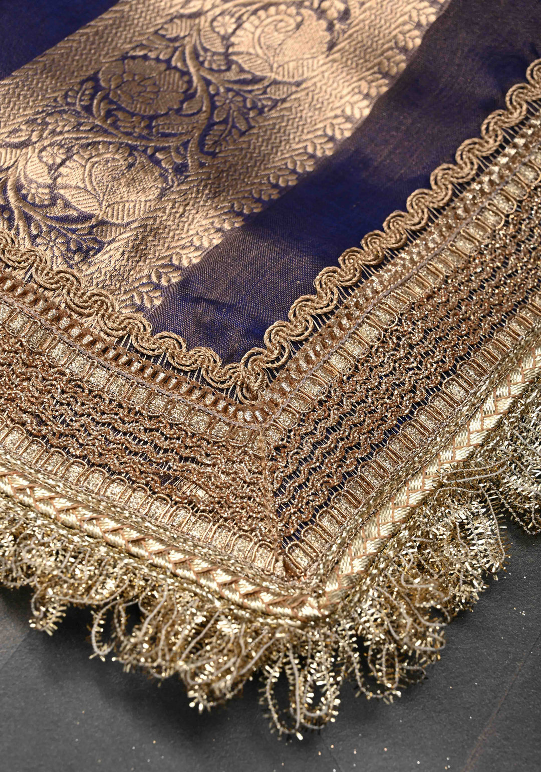 Blue Dual tone Organza Tissue Silk Saree with Sona Rupa Zari Buttas and Fancy Lace Trim Border | SILK MARK CERTIFIED