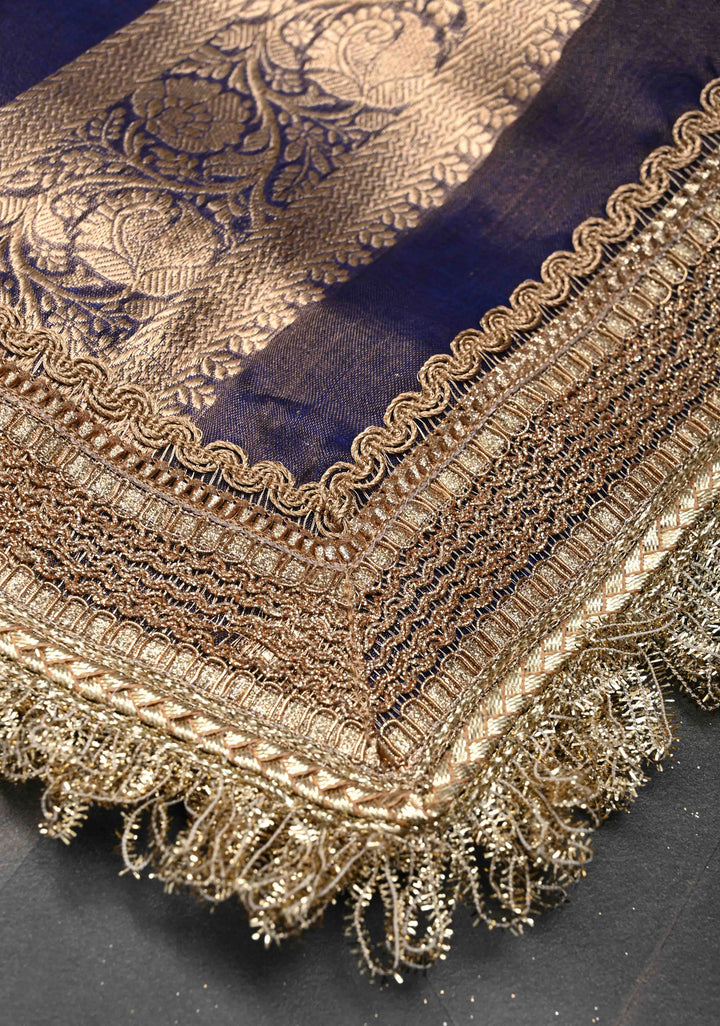 Blue Dual tone Organza Tissue Silk Saree with Sona Rupa Zari Buttas and Fancy Lace Trim Border | SILK MARK CERTIFIED