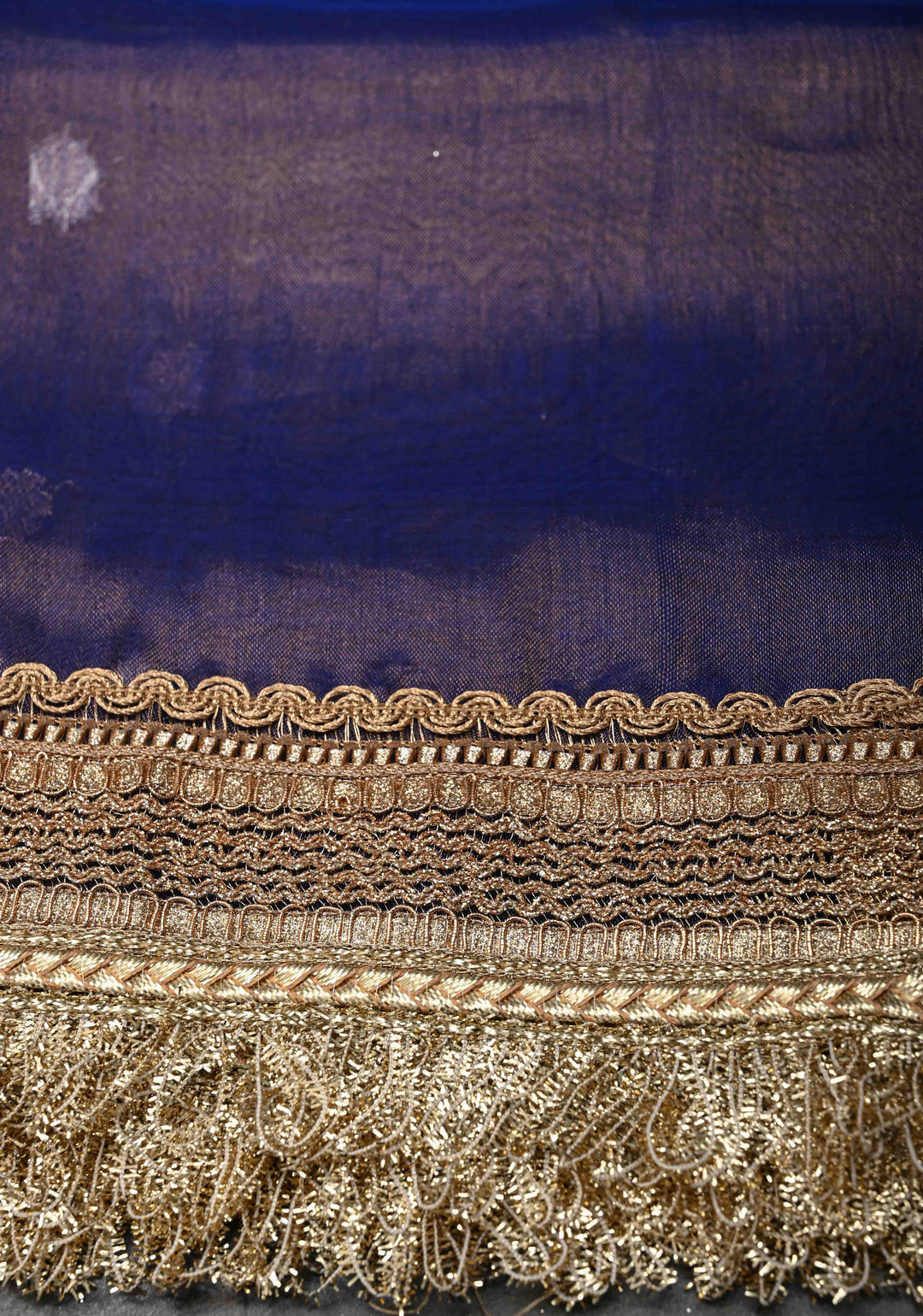 Blue Dual tone Organza Tissue Silk Saree with Sona Rupa Zari Buttas and Fancy Lace Trim Border | SILK MARK CERTIFIED