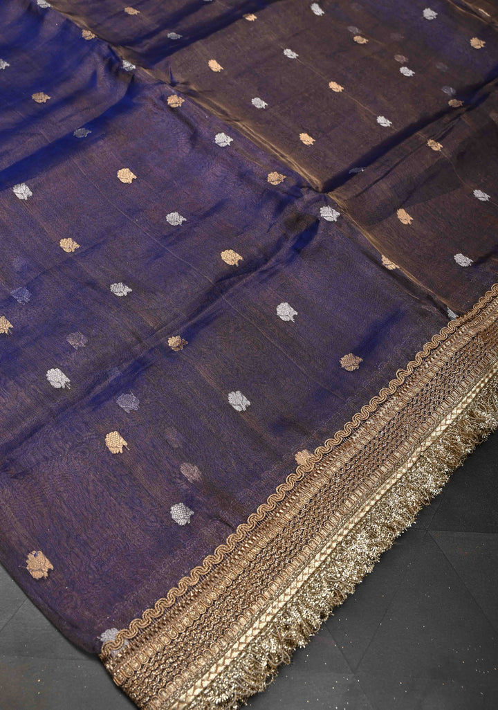 Blue Dual tone Organza Tissue Silk Saree with Sona Rupa Zari Buttas and Fancy Lace Trim Border | SILK MARK CERTIFIED