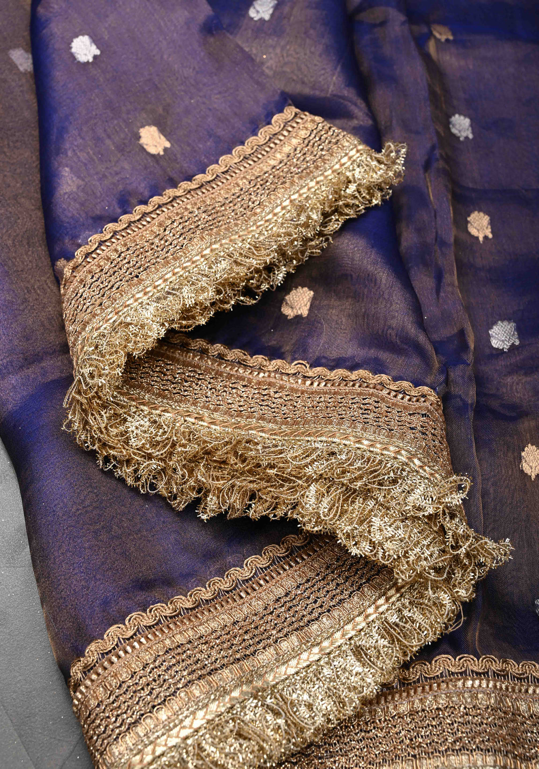 Blue Dual tone Organza Tissue Silk Saree with Sona Rupa Zari Buttas and Fancy Lace Trim Border | SILK MARK CERTIFIED