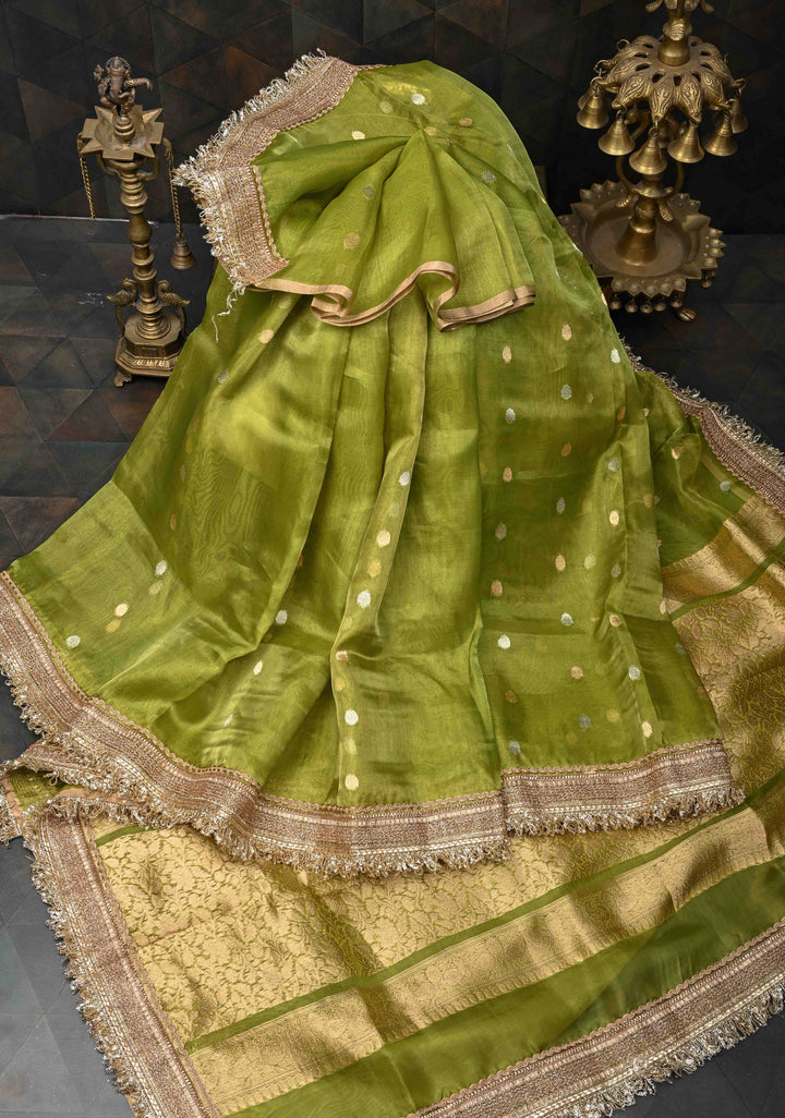 Lime Green Banarasi Pure Tissue Silk Saree with Sona Rupa Zari Buttas and Fancy Lace Trim Border | SILK MARK CERTIFIED