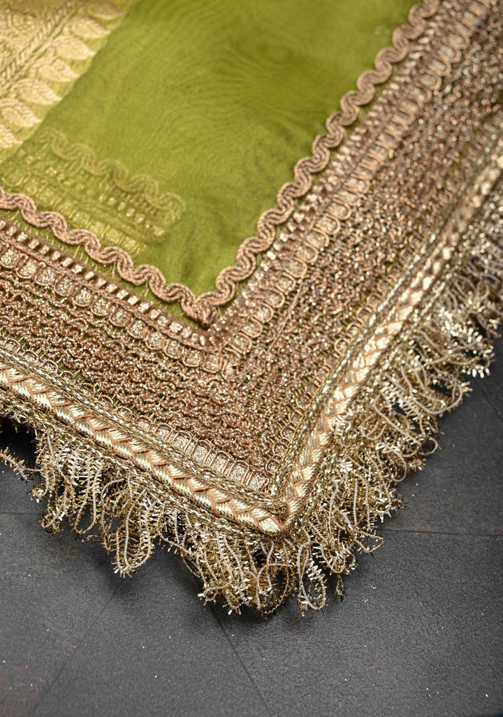 Lime Green Banarasi Pure Tissue Silk Saree with Sona Rupa Zari Buttas and Fancy Lace Trim Border | SILK MARK CERTIFIED