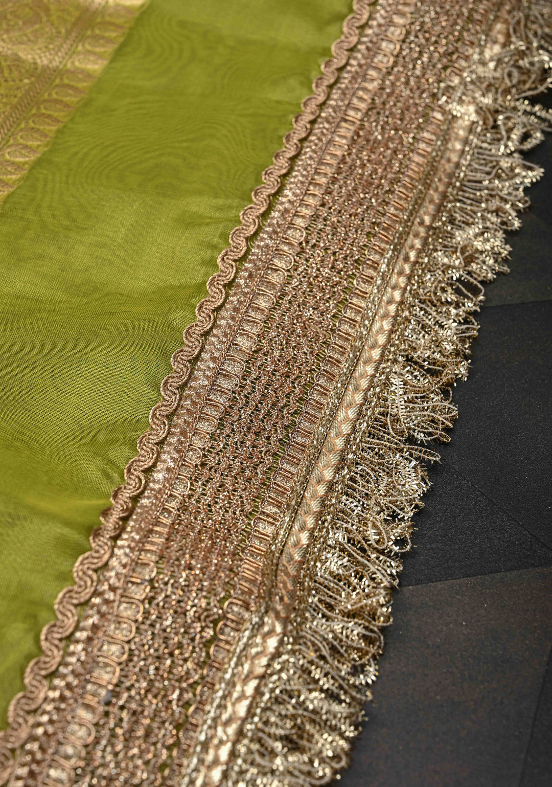Lime Green Banarasi Pure Tissue Silk Saree with Sona Rupa Zari Buttas and Fancy Lace Trim Border | SILK MARK CERTIFIED