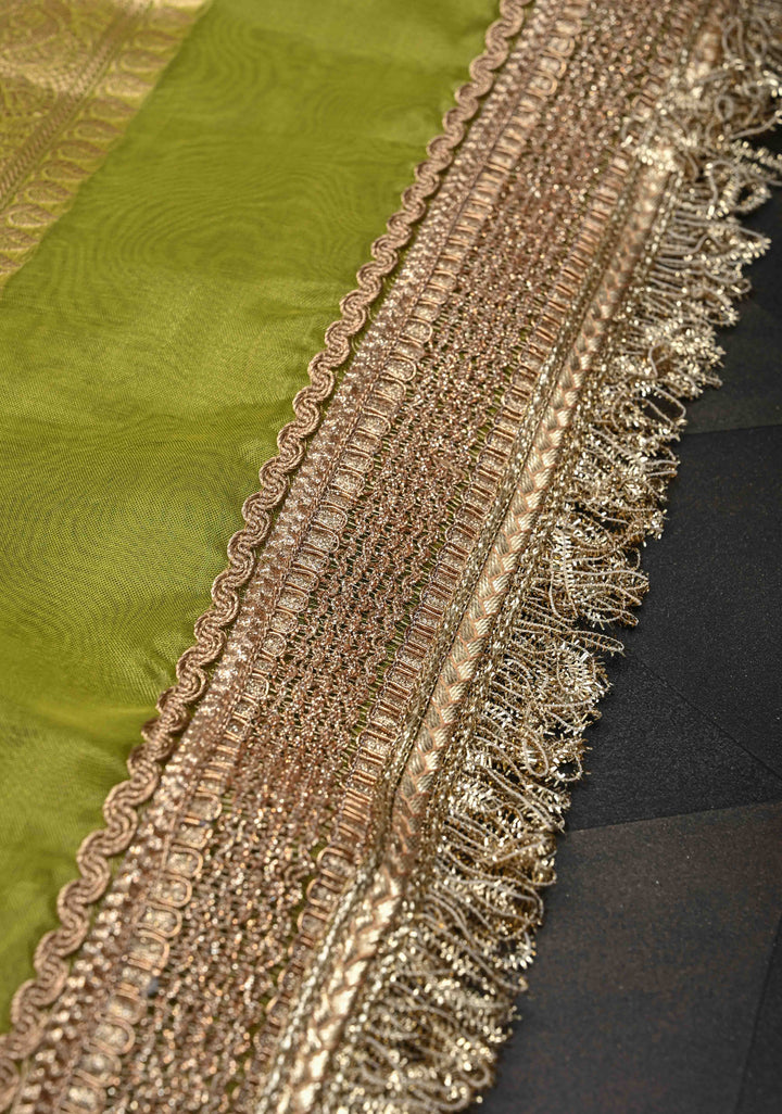 Lime Green Banarasi Pure Tissue Silk Saree with Sona Rupa Zari Buttas and Fancy Lace Trim Border | SILK MARK CERTIFIED
