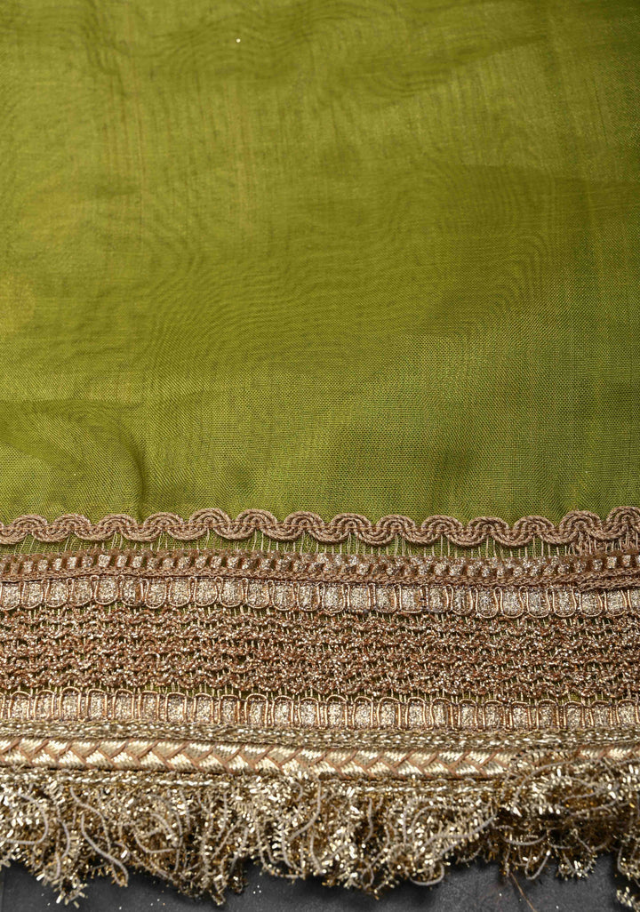 Lime Green Banarasi Pure Tissue Silk Saree with Sona Rupa Zari Buttas and Fancy Lace Trim Border | SILK MARK CERTIFIED