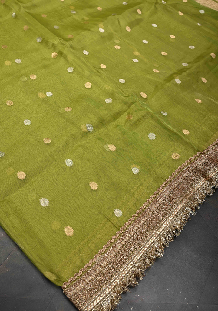 Lime Green Banarasi Pure Tissue Silk Saree with Sona Rupa Zari Buttas and Fancy Lace Trim Border | SILK MARK CERTIFIED