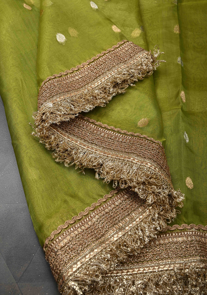 Lime Green Banarasi Pure Tissue Silk Saree with Sona Rupa Zari Buttas and Fancy Lace Trim Border | SILK MARK CERTIFIED