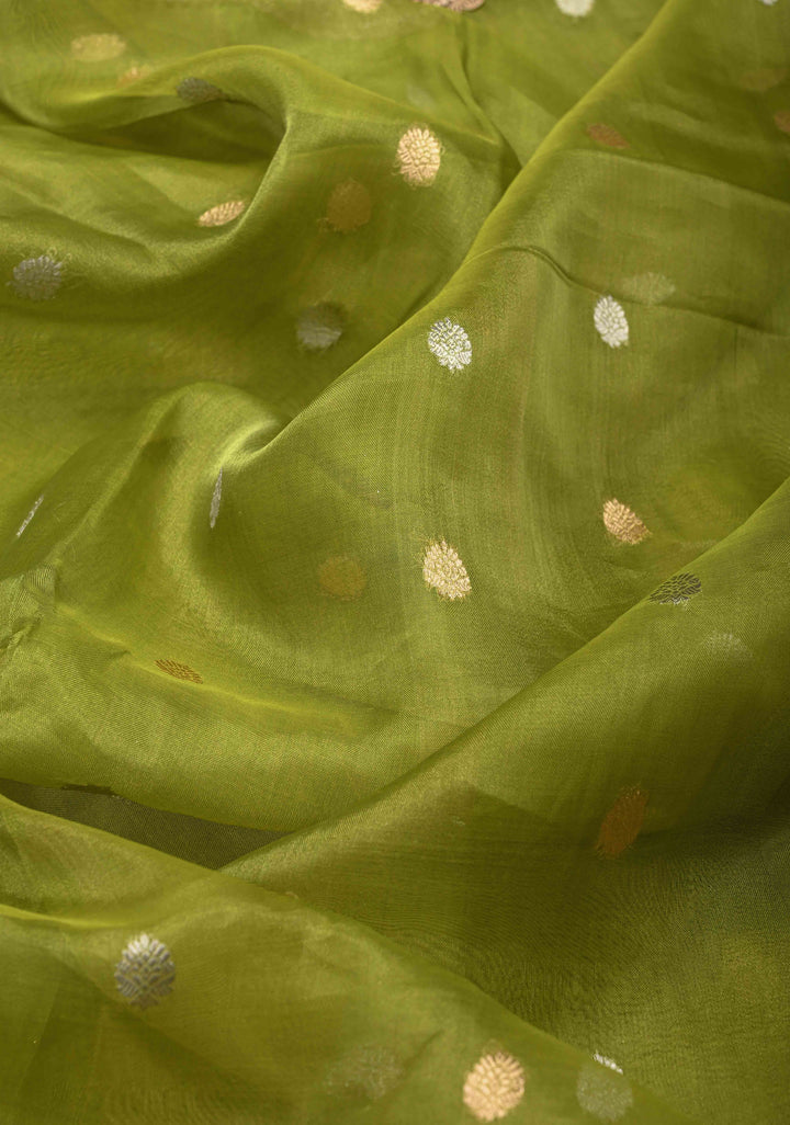 Lime Green Banarasi Pure Tissue Silk Saree with Sona Rupa Zari Buttas and Fancy Lace Trim Border | SILK MARK CERTIFIED