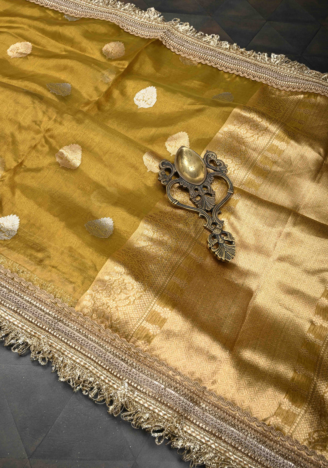 Ochre Organza Tissue Silk Saree with Sona Rupa Zari Buttas and Fancy Lace Trim Border | SILK MARK CERTIFIED