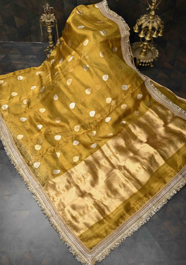 Ochre Organza Tissue Silk Saree with Sona Rupa Zari Buttas and Fancy Lace Trim Border | SILK MARK CERTIFIED
