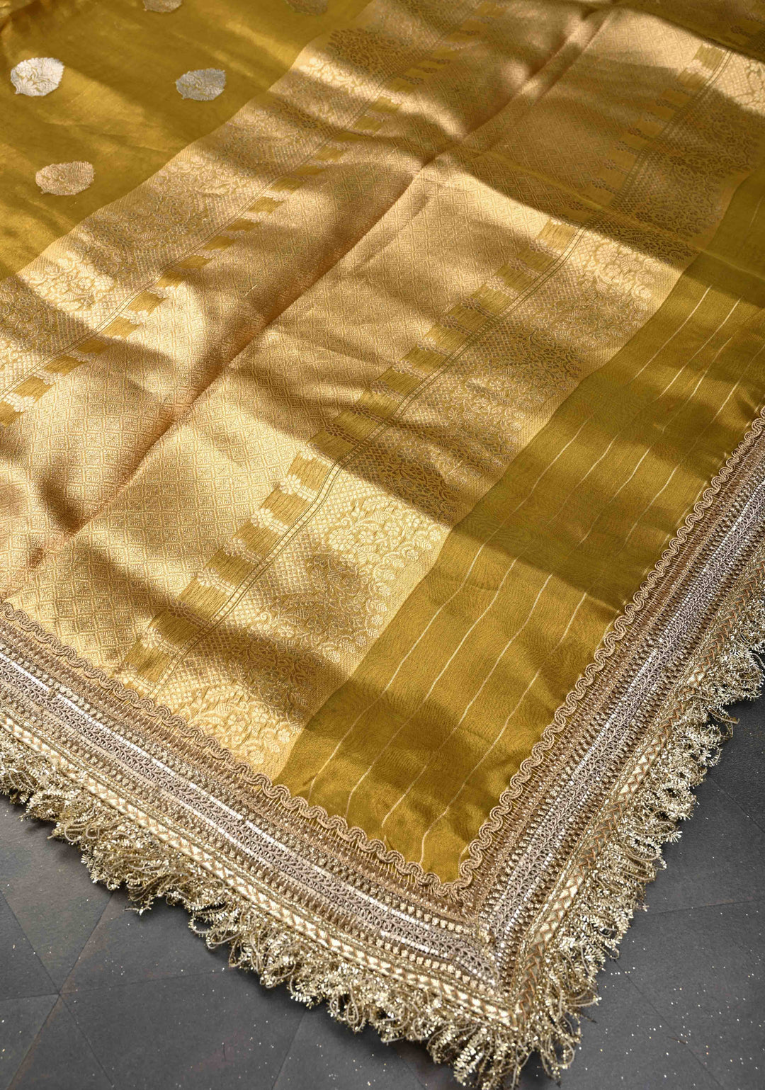 Ochre Organza Tissue Silk Saree with Sona Rupa Zari Buttas and Fancy Lace Trim Border | SILK MARK CERTIFIED