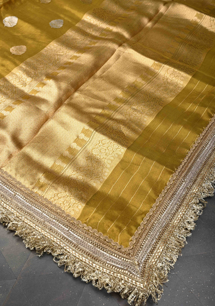 Ochre Organza Tissue Silk Saree with Sona Rupa Zari Buttas and Fancy Lace Trim Border | SILK MARK CERTIFIED