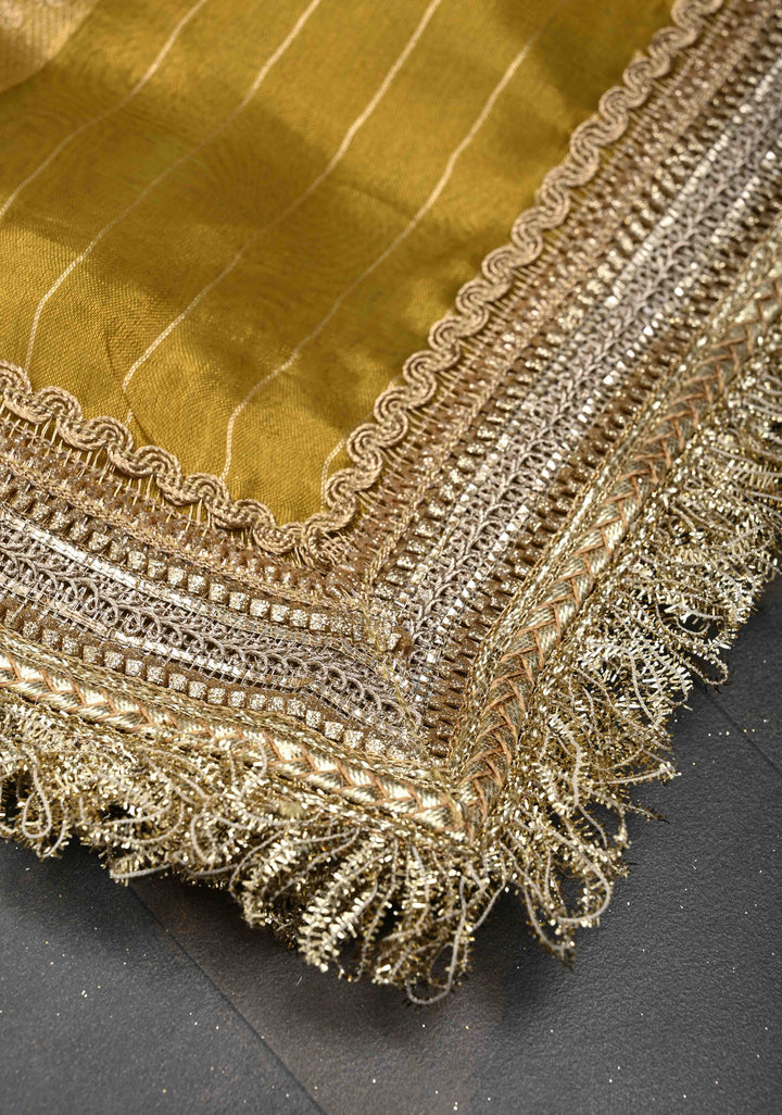 Ochre Organza Tissue Silk Saree with Sona Rupa Zari Buttas and Fancy Lace Trim Border | SILK MARK CERTIFIED
