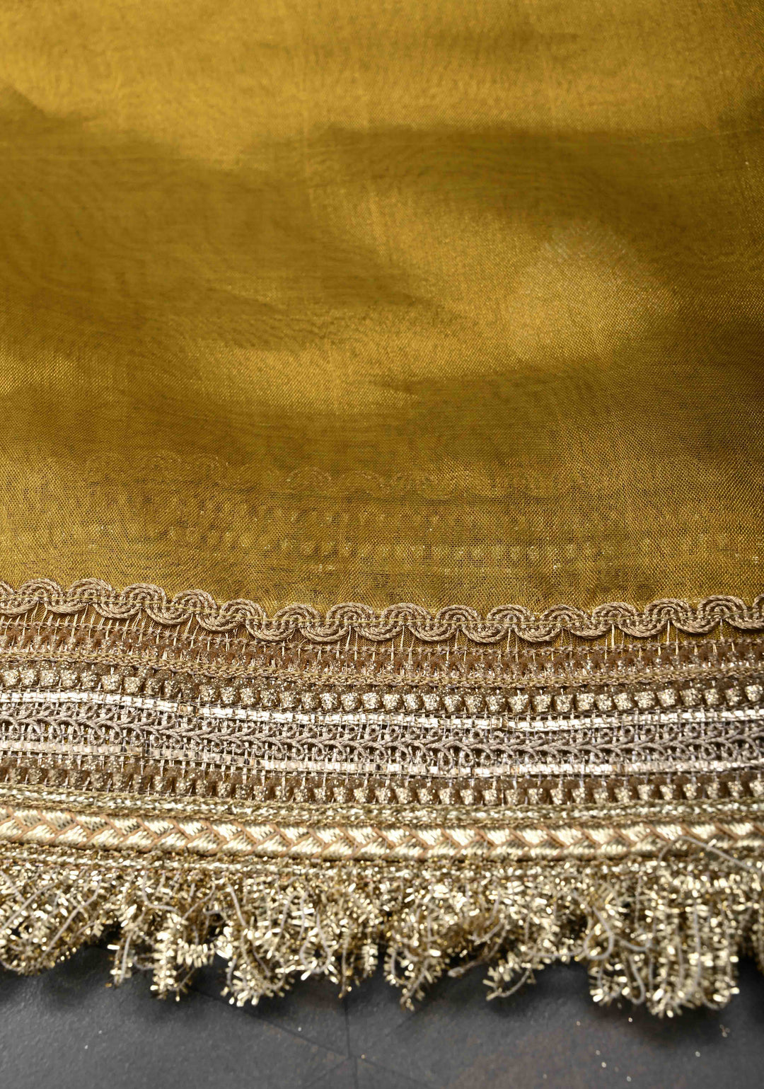 Ochre Organza Tissue Silk Saree with Sona Rupa Zari Buttas and Fancy Lace Trim Border | SILK MARK CERTIFIED