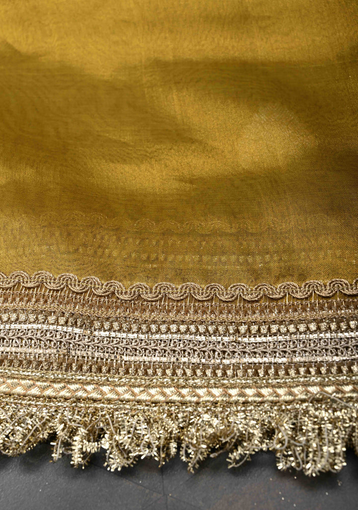 Ochre Organza Tissue Silk Saree with Sona Rupa Zari Buttas and Fancy Lace Trim Border | SILK MARK CERTIFIED