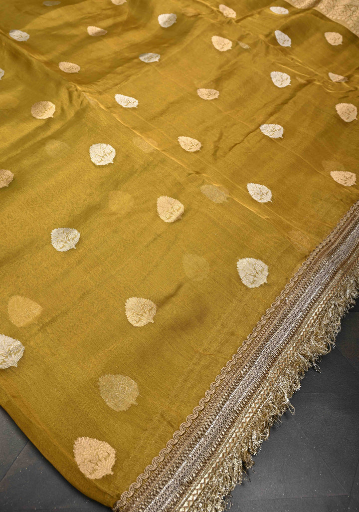 Ochre Organza Tissue Silk Saree with Sona Rupa Zari Buttas and Fancy Lace Trim Border | SILK MARK CERTIFIED