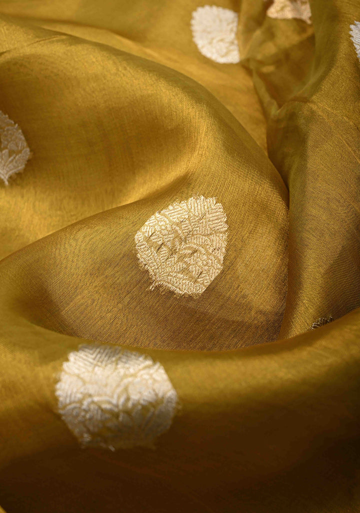 Ochre Organza Tissue Silk Saree with Sona Rupa Zari Buttas and Fancy Lace Trim Border | SILK MARK CERTIFIED