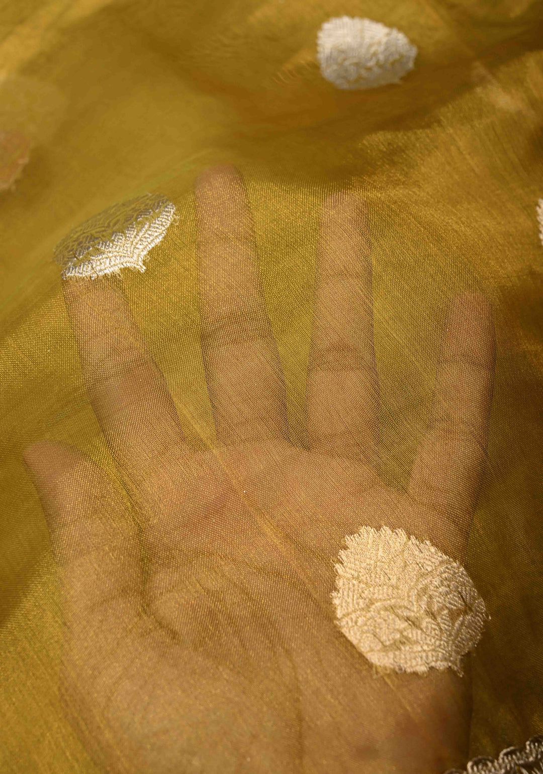 Ochre Organza Tissue Silk Saree with Sona Rupa Zari Buttas and Fancy Lace Trim Border | SILK MARK CERTIFIED