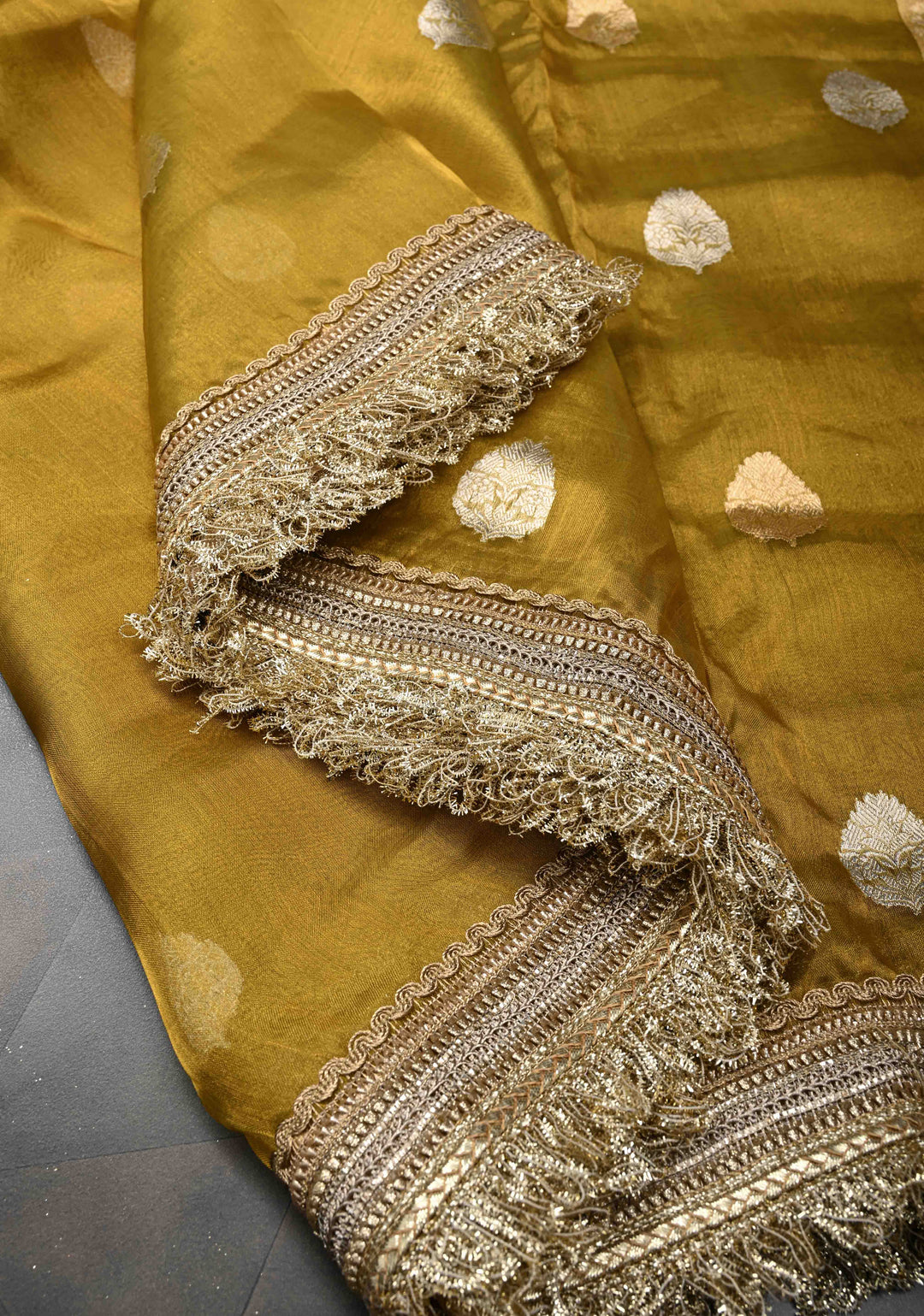 Ochre Organza Tissue Silk Saree with Sona Rupa Zari Buttas and Fancy Lace Trim Border | SILK MARK CERTIFIED