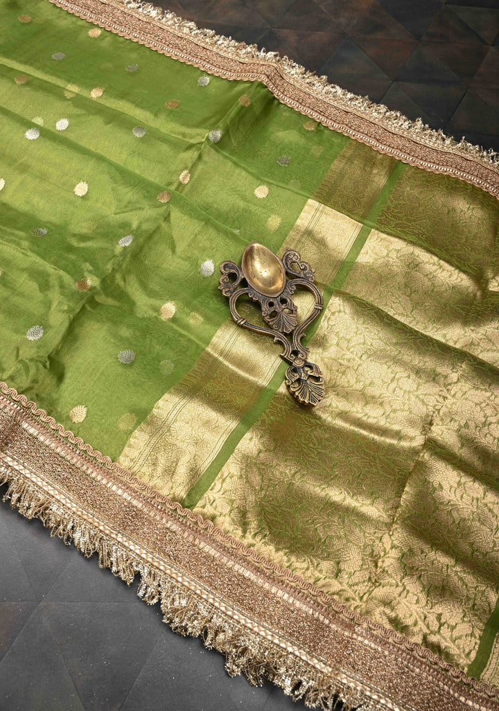 Parrot Green Organza Silk Saree with Sona Rupa Zari Buttas and Fancy Lace Trim Border | SILK MARK CERTIFIED