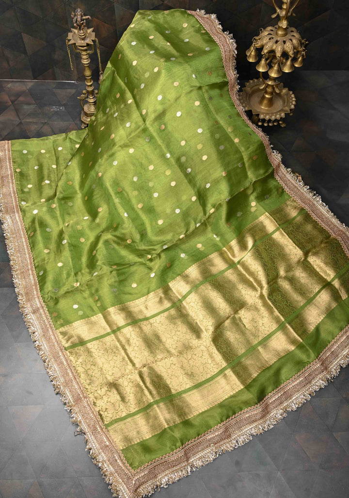 Parrot Green Organza Silk Saree with Sona Rupa Zari Buttas and Fancy Lace Trim Border | SILK MARK CERTIFIED