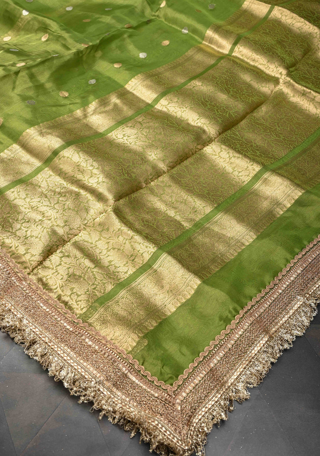 Parrot Green Organza Silk Saree with Sona Rupa Zari Buttas and Fancy Lace Trim Border | SILK MARK CERTIFIED