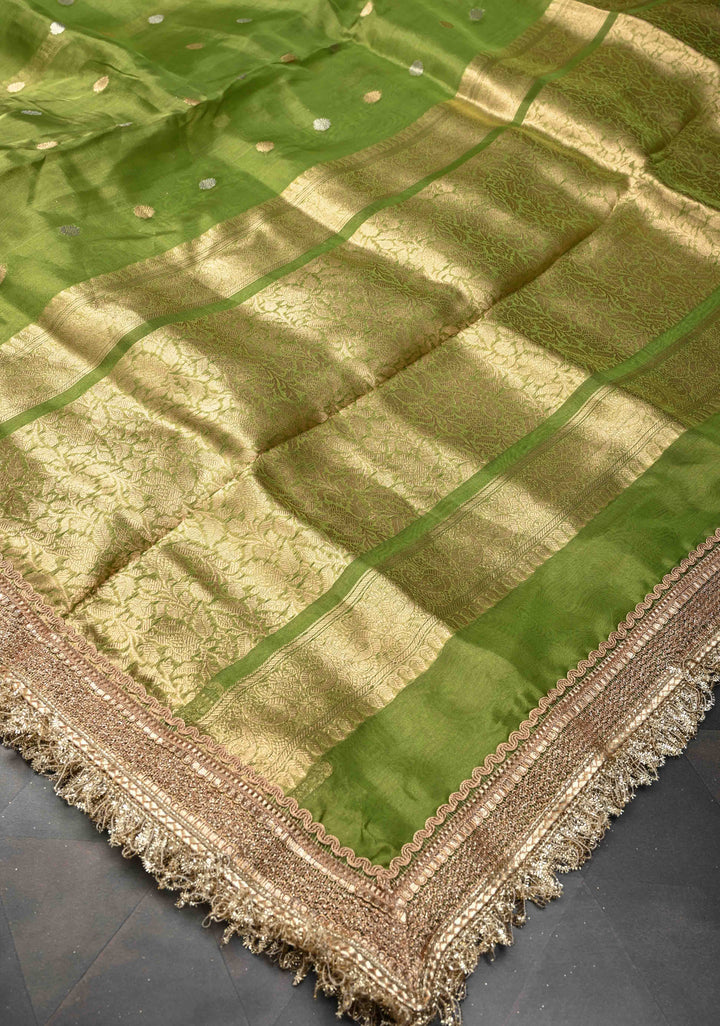 Parrot Green Organza Silk Saree with Sona Rupa Zari Buttas and Fancy Lace Trim Border | SILK MARK CERTIFIED