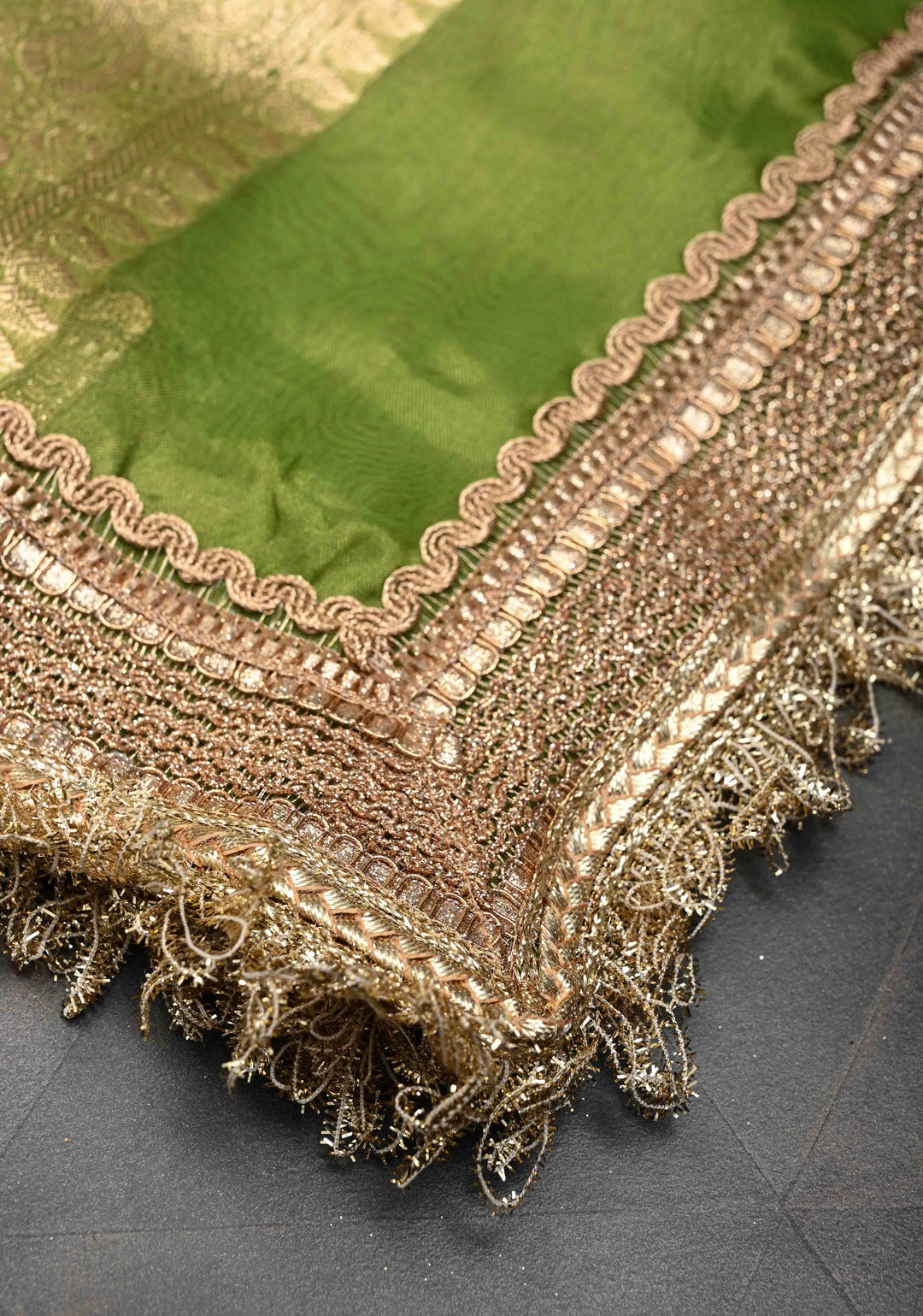 Parrot Green Organza Silk Saree with Sona Rupa Zari Buttas and Fancy Lace Trim Border | SILK MARK CERTIFIED