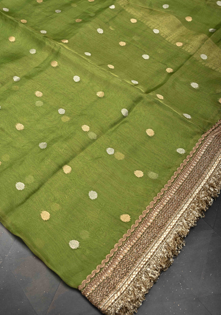 Parrot Green Organza Silk Saree with Sona Rupa Zari Buttas and Fancy Lace Trim Border | SILK MARK CERTIFIED