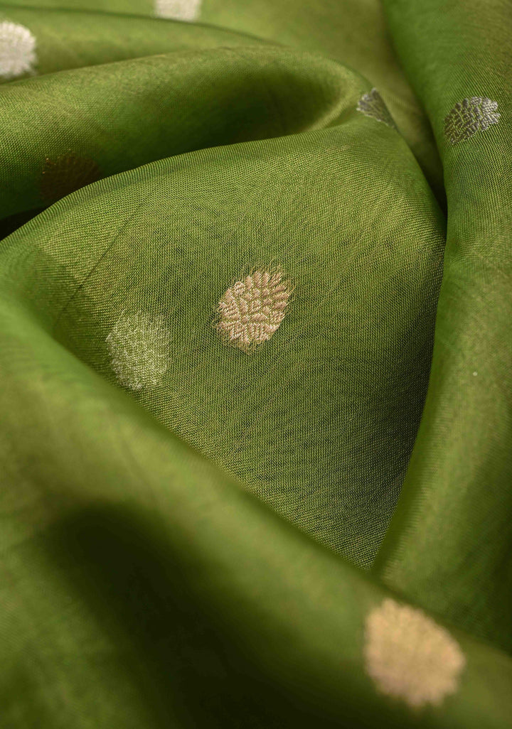 Parrot Green Organza Silk Saree with Sona Rupa Zari Buttas and Fancy Lace Trim Border | SILK MARK CERTIFIED