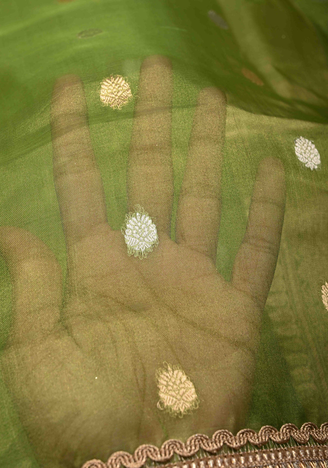 Parrot Green Organza Silk Saree with Sona Rupa Zari Buttas and Fancy Lace Trim Border | SILK MARK CERTIFIED