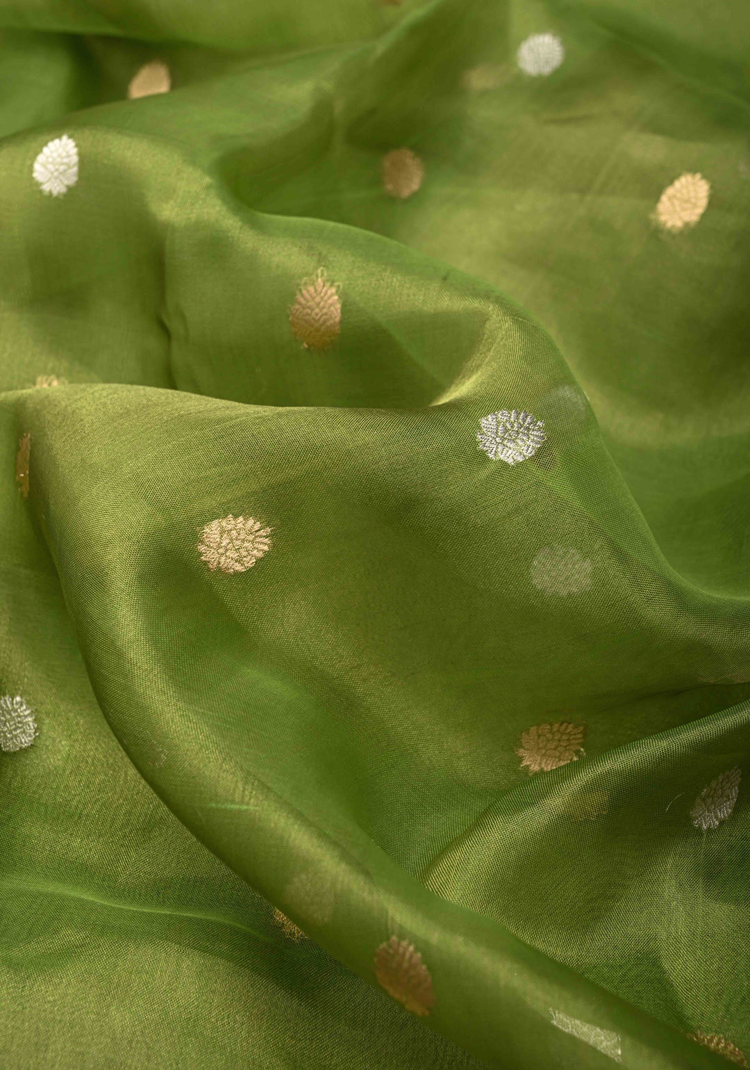 Parrot Green Organza Silk Saree with Sona Rupa Zari Buttas and Fancy Lace Trim Border | SILK MARK CERTIFIED