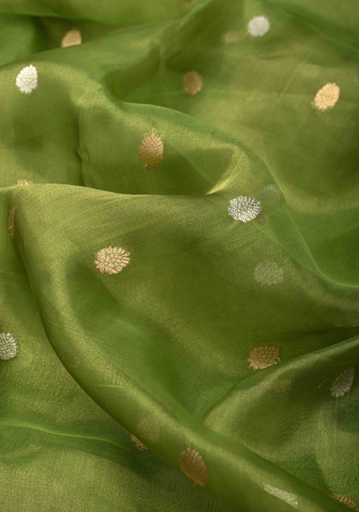 Parrot Green Organza Silk Saree with Sona Rupa Zari Buttas and Fancy Lace Trim Border | SILK MARK CERTIFIED