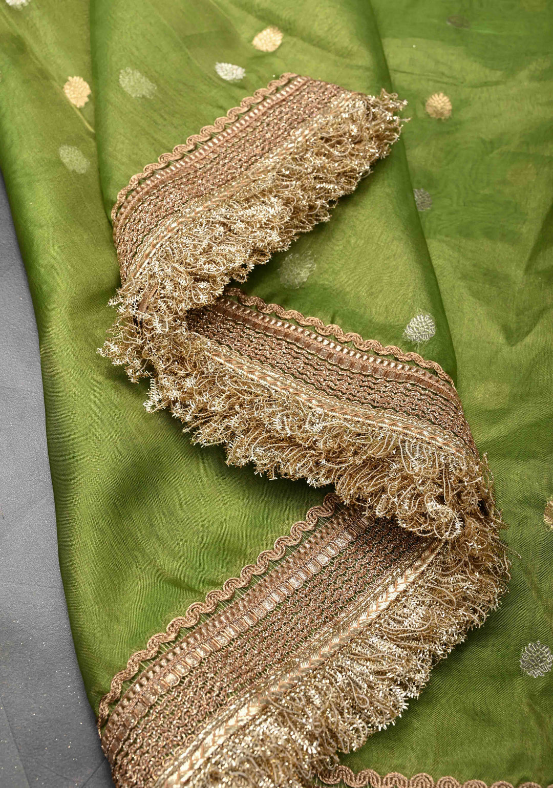 Parrot Green Organza Silk Saree with Sona Rupa Zari Buttas and Fancy Lace Trim Border | SILK MARK CERTIFIED