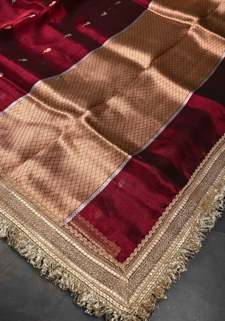 Dark Scarlet Organza Tissue Silk Saree with Sona Rupa Zari Buttas and Fancy Lace Trim Border | SILK MARK CERTIFIED