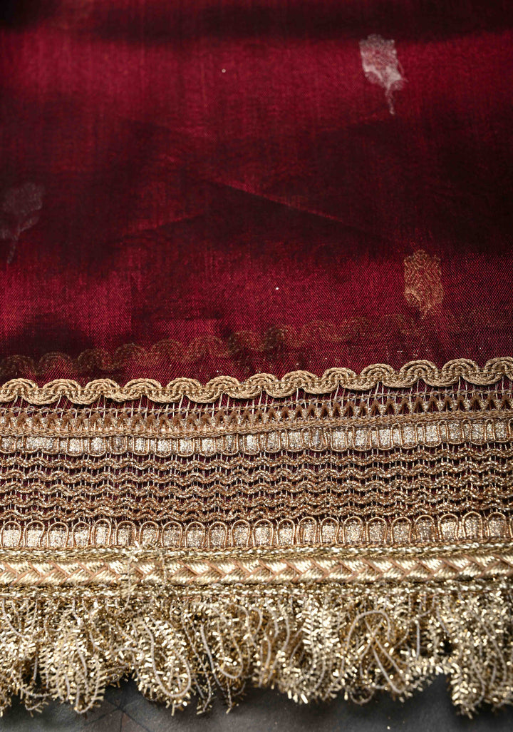Dark Scarlet Organza Tissue Silk Saree with Sona Rupa Zari Buttas and Fancy Lace Trim Border | SILK MARK CERTIFIED