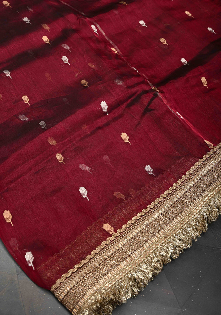 Dark Scarlet Organza Tissue Silk Saree with Sona Rupa Zari Buttas and Fancy Lace Trim Border | SILK MARK CERTIFIED