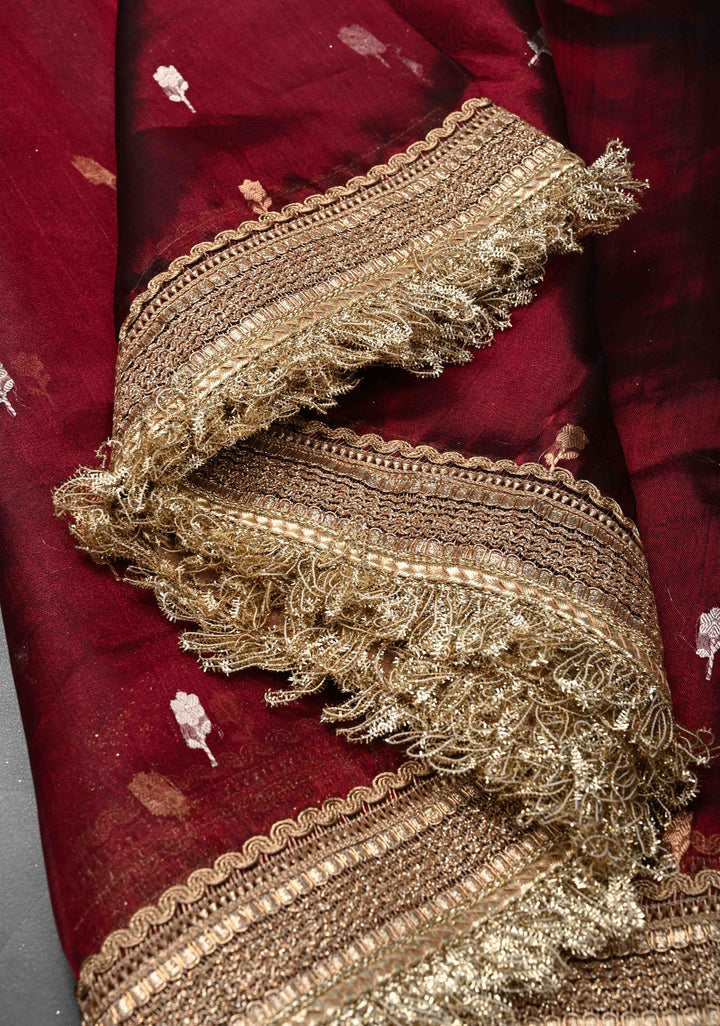 Dark Scarlet Organza Tissue Silk Saree with Sona Rupa Zari Buttas and Fancy Lace Trim Border | SILK MARK CERTIFIED