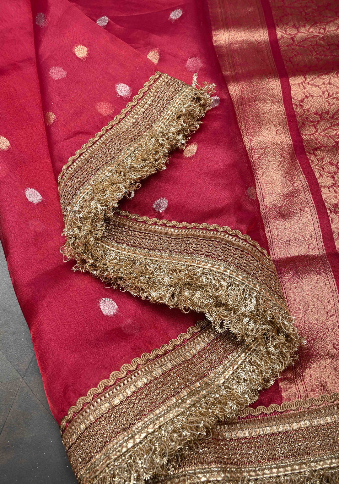 Pinkish Red Organza Tissue Silk Saree with Sona Rupa Buttas and Fancy Lace Trim Border | SILK MARK CERTIFIED