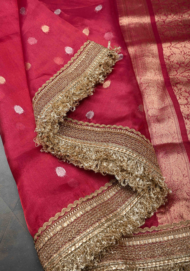 Pinkish Red Organza Tissue Silk Saree with Sona Rupa Buttas and Fancy Lace Trim Border | SILK MARK CERTIFIED
