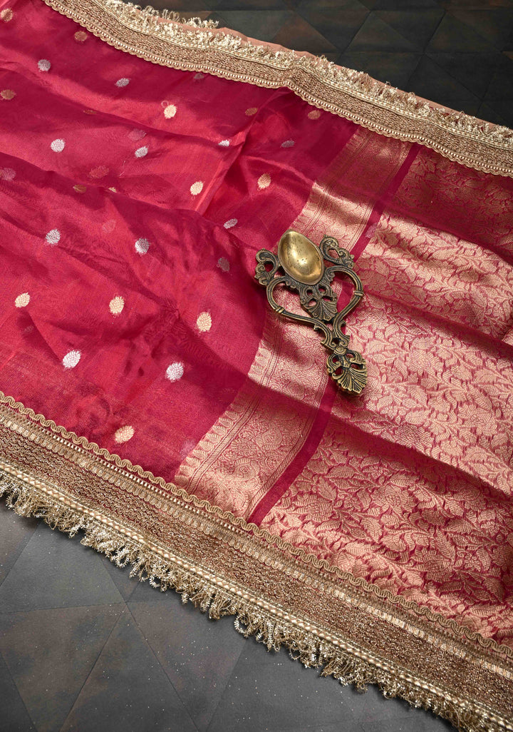 Pinkish Red Organza Tissue Silk Saree with Sona Rupa Buttas and Fancy Lace Trim Border | SILK MARK CERTIFIED