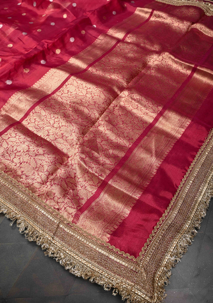 Pinkish Red Organza Tissue Silk Saree with Sona Rupa Buttas and Fancy Lace Trim Border | SILK MARK CERTIFIED