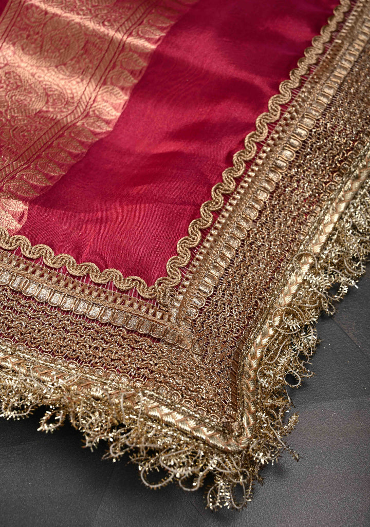 Pinkish Red Organza Tissue Silk Saree with Sona Rupa Buttas and Fancy Lace Trim Border | SILK MARK CERTIFIED