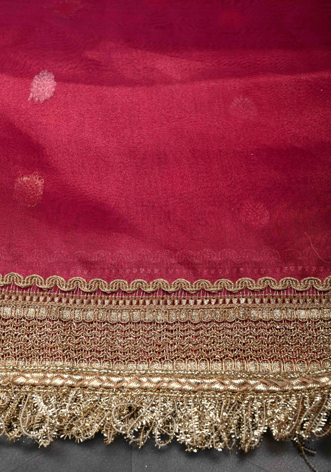 Pinkish Red Organza Tissue Silk Saree with Sona Rupa Buttas and Fancy Lace Trim Border | SILK MARK CERTIFIED